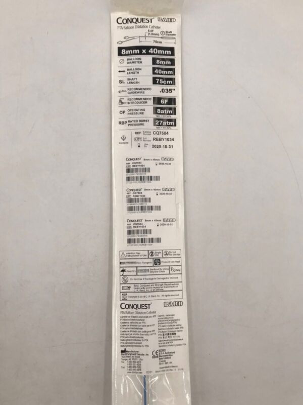 BARD CQ7584 Conquest PTA Balloon Dilatation Catheter, 8mm x 40mm, 5.5F, 75cm Shaft Length, .035" (X)