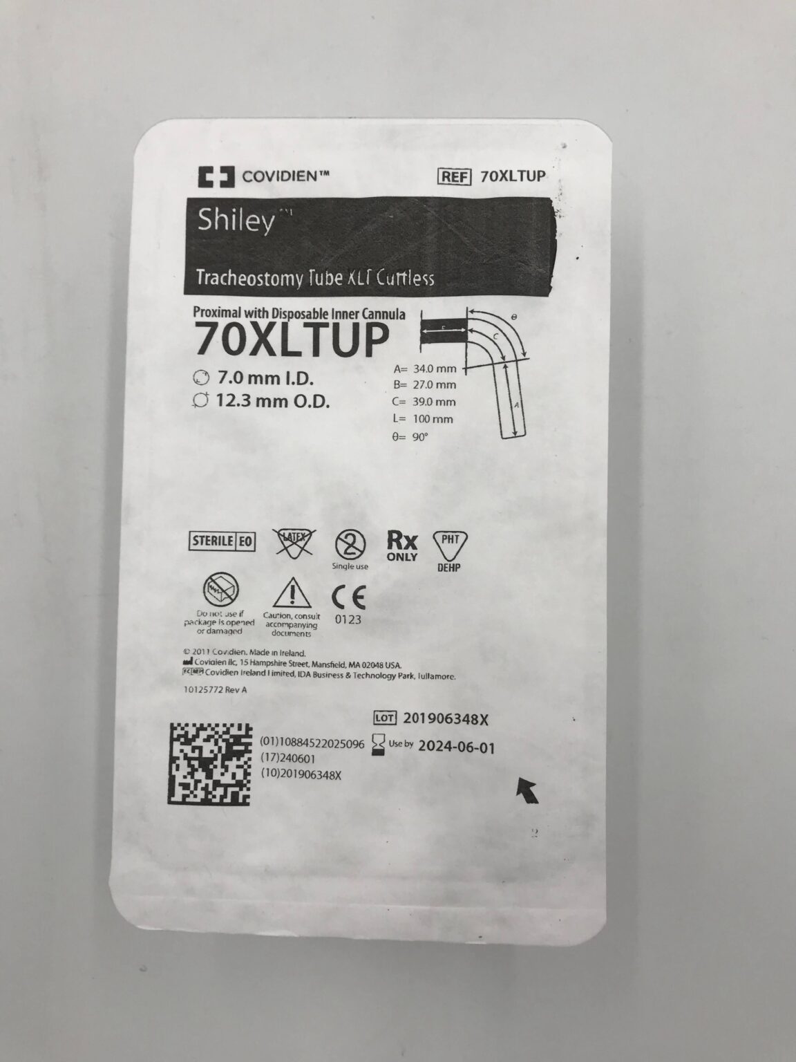 COVIDIEN 70XLTUP Shiley Tracheostomy Tube XLT Cuffless Proximal w