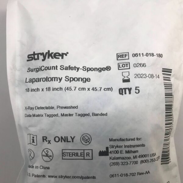 STRYKER 0611-018-180 SurgiCount Safety-Sponge Laparotomy Sponge, 18in x 18in (5/Pkg)
