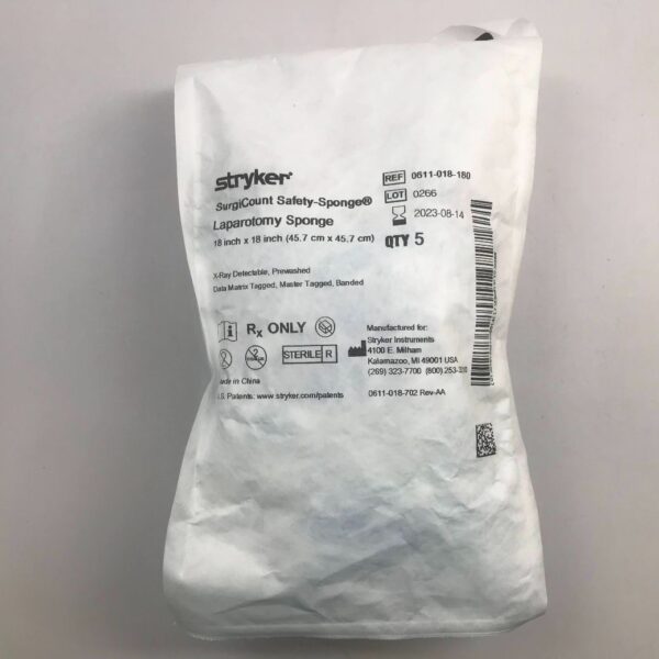 STRYKER 0611-018-180 SurgiCount Safety-Sponge Laparotomy Sponge, 18in x 18in (5/Pkg)