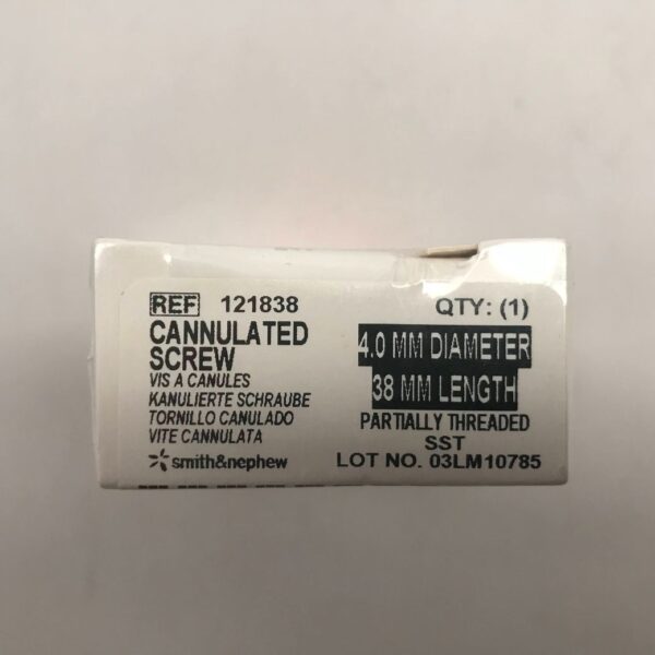 SMITH AND NEPHEW 121838 Cannulated Screw, 4.0mm Diameter, 38mm Length Partially Threaded SST (X)