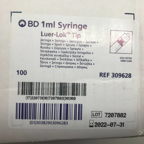 BD 309628 1mL Syringe Luer-Lok Tip (100/Box) (X)