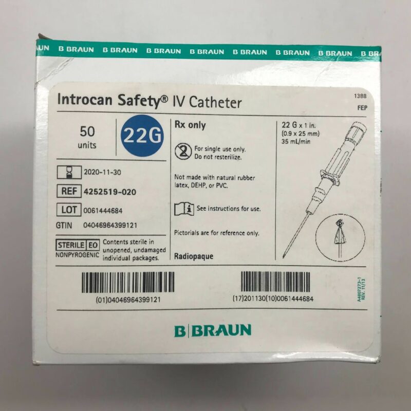BRAUN 4252519-020 Introcan Safety IV Catheter, 22G (50/Box) (X