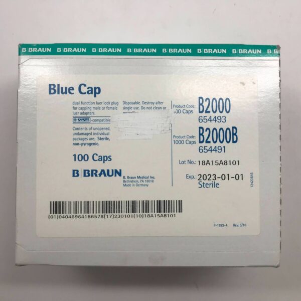 BRAUN B2000 Blue Cap, Dual Functioning Luer Lock Plug (100/Box)