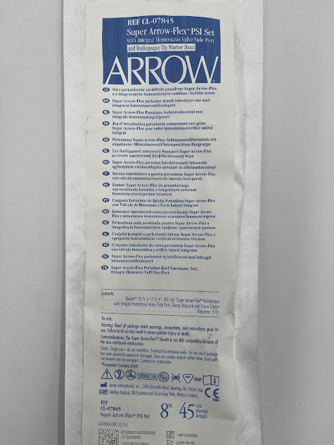ARROW CL-07845 Super Arrow-Flex PSI Set With Integral Hemostasis Valve/Side Port And Radiopaque Tip Marker Band, 8Fr, 45cm (X)