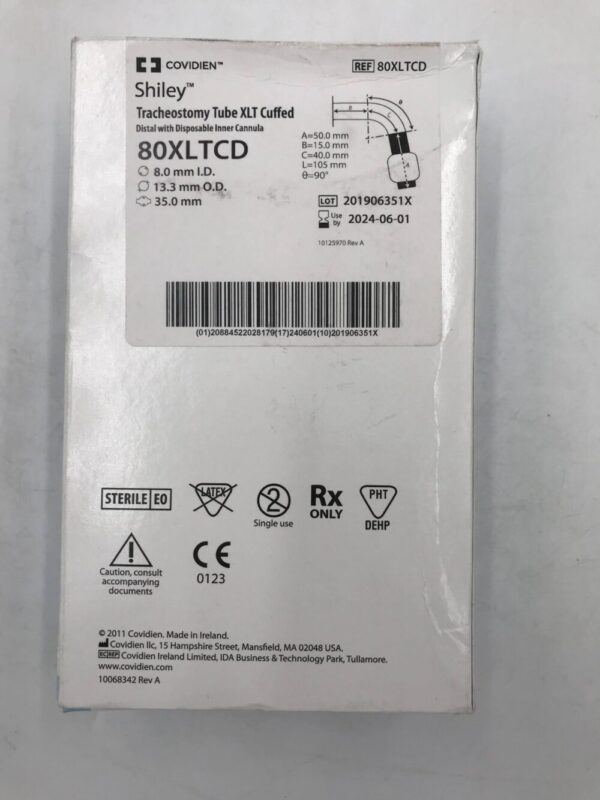 COVIDIEN 80XLTCD Shiley Tracheostomy Tube XLT Cuffed, Distal w/ Disposable Inner Cannula, 8.0mm x 13.3mm x 35.0mm