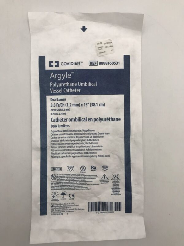 COVIDIEN 8888160531 Argyle Polyurethane Umbilical Vessel Catheter, Dual Lumen, 3.5Fr/Ch x 9-8/10", 20/23G (X)