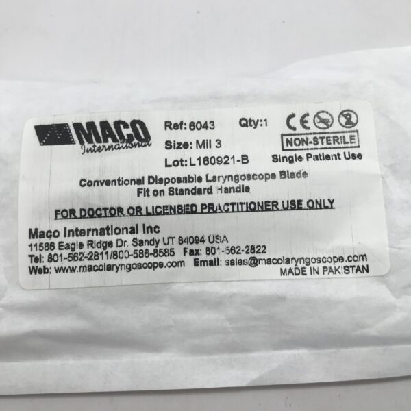 Maco International 6043 Conventional Disposable Laryngoscope Blade Fit On Standard Handle Sz=Mil 3