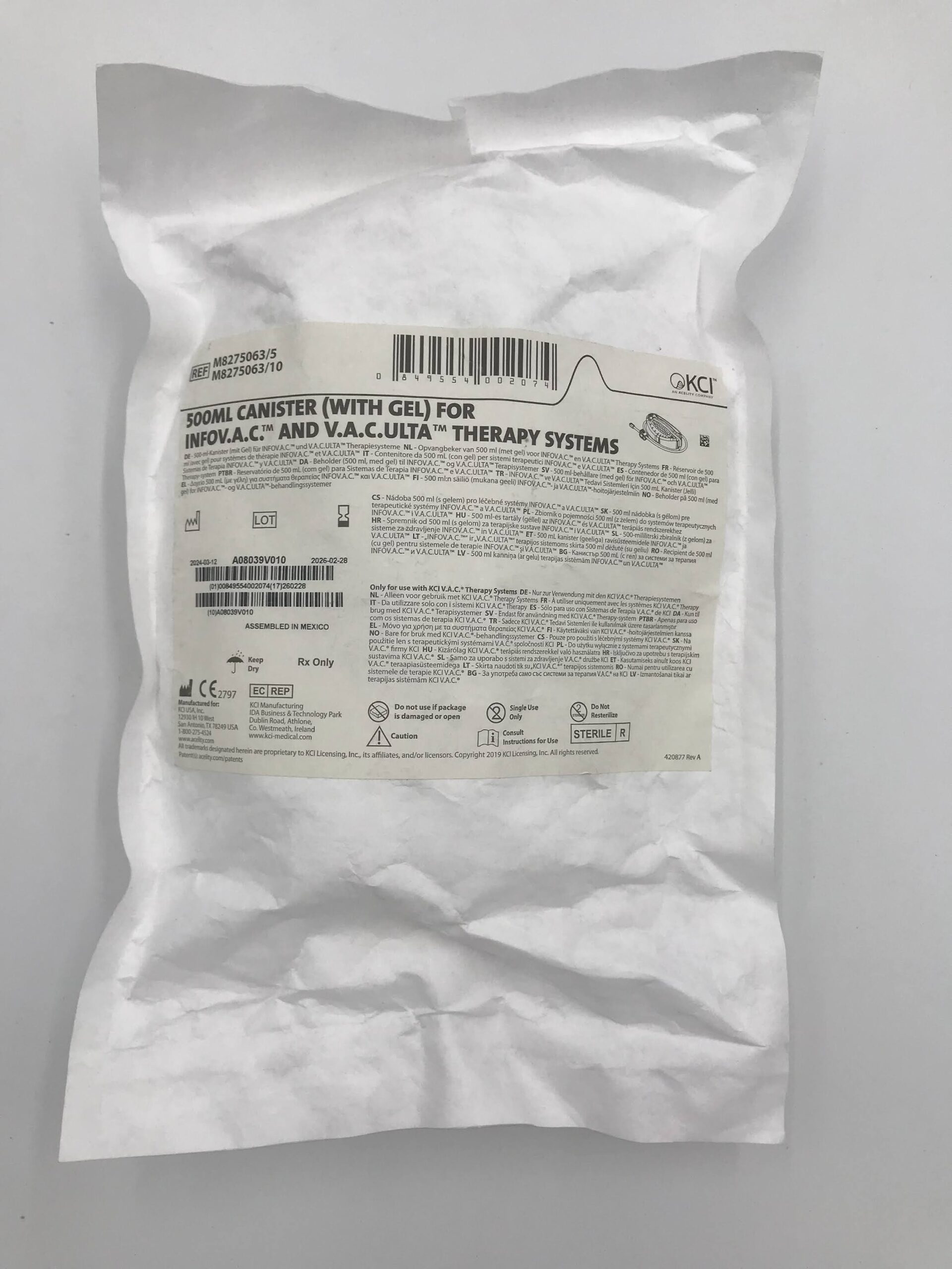 KCI M8275063 500ml Canister (W/Gel) For INFOV.A.C & V.A.C.ULTA Therapy Systems (X)