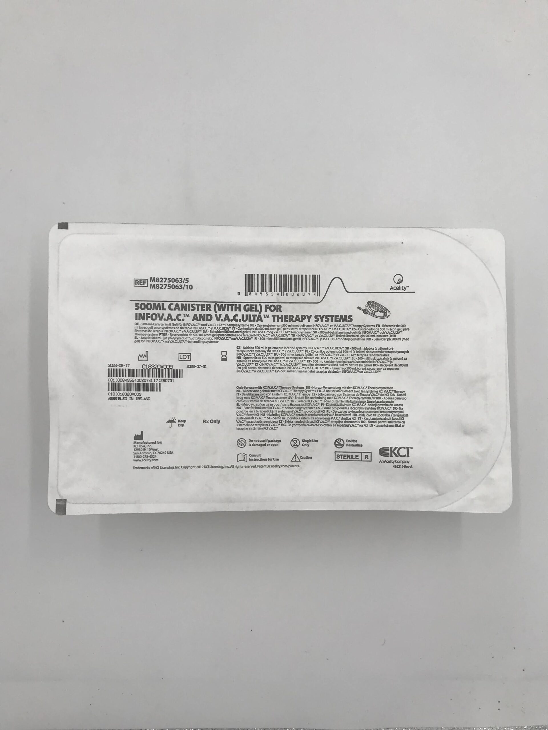 KCI M8275063 500ml Canister (W/Gel) For INFOV.A.C & V.A.C.ULTA Therapy Systems (X)