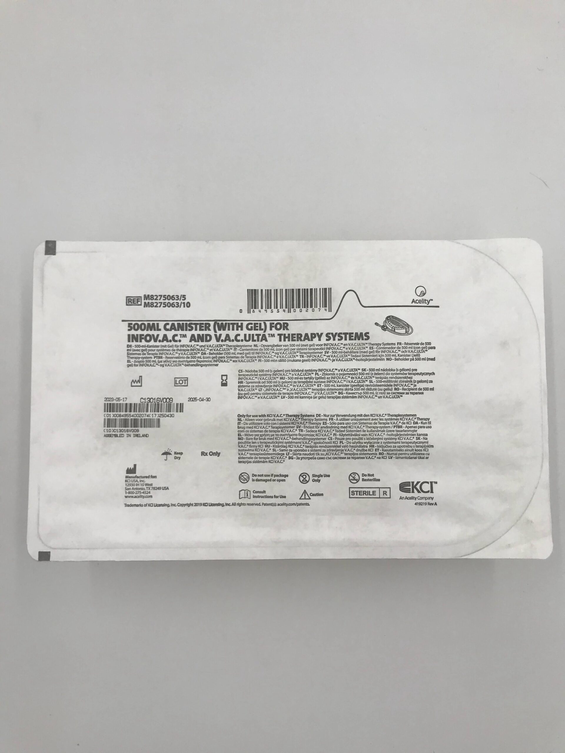 KCI M8275063 500ml Canister (W/Gel) For INFOV.A.C & V.A.C.ULTA Therapy Systems (X)