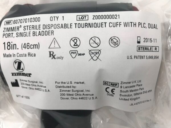 ZIMMER 60707010300 Disposable Tourniquet Cuff w/ PLC, Dual Port, Single Bladder, 18in(X)