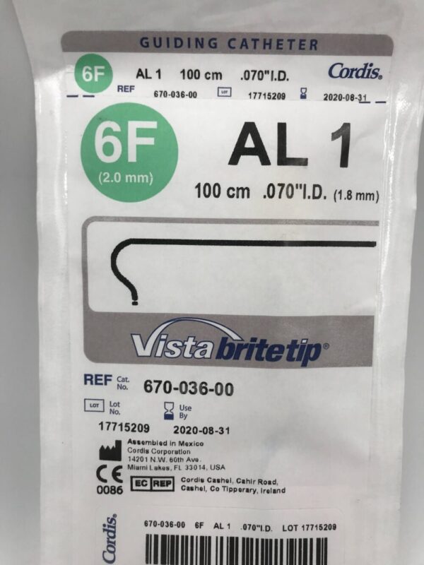 Cordis 670-036-00 Vista Brite Tip Guiding Catheter AL 1, 6F (x)