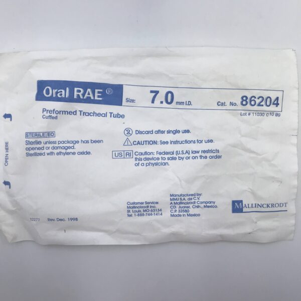 Mallinckrodt 86204 Oral RAE Preformed Tracheal Tube, Cuffed, 7mm (x)