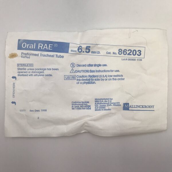 Mallinckrodt 86203 Oral RAE Preformed Tracheal Tube, Cuffed, 6.5mm (x)