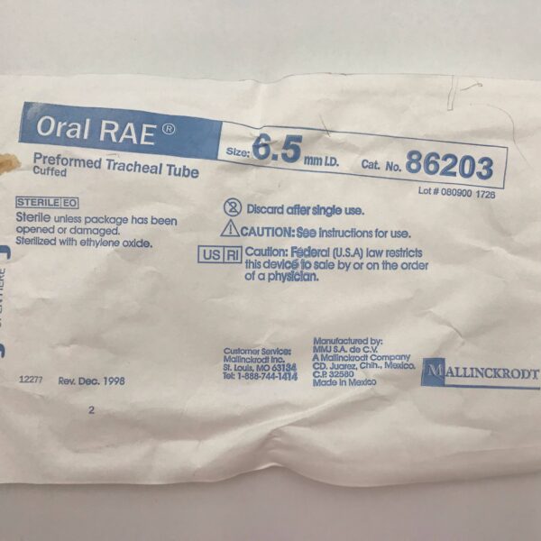 Mallinckrodt 86203 Oral RAE Preformed Tracheal Tube, Cuffed, 6.5mm (x)