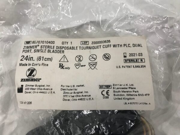 ZIMMER 60707010400 Disposable Tourniquet Cuff w/ PLC, Dual Port, Single Bladder, 24in (X)