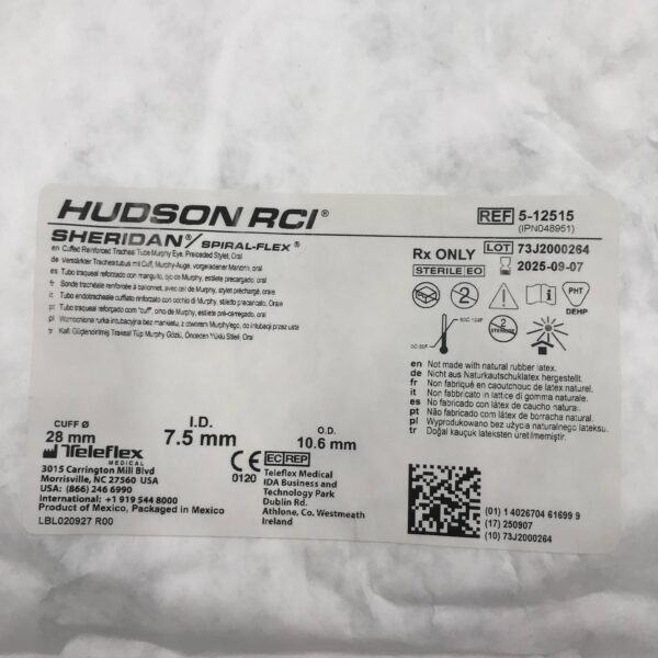 TELEFLEX 5-12515 HUDSON RCI Cuffed Reinforced Tracheal Tube Murphy Eye, Preloaded Stylet Oral 25mm