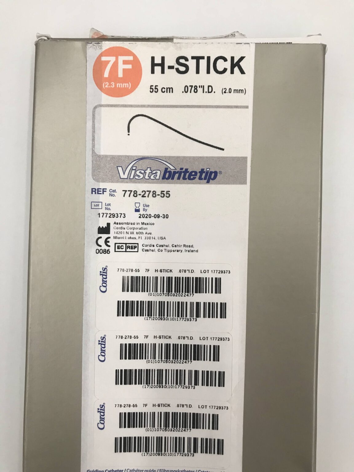 Cordis 778-278-55 Vista Brite Tip H Stick Guiding Catheter, 7F (x