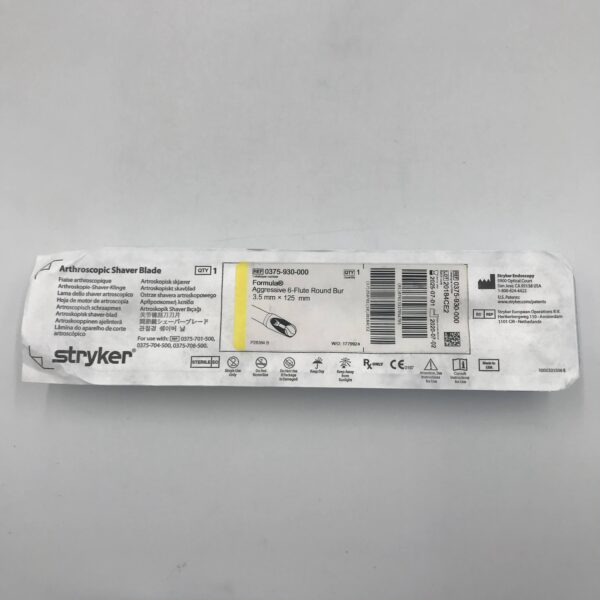 STRYKER 0375-930-000 Formula Aggressive 6-Flute Round Bur, Arthroscopic Shaver Blade 3.5x125mm