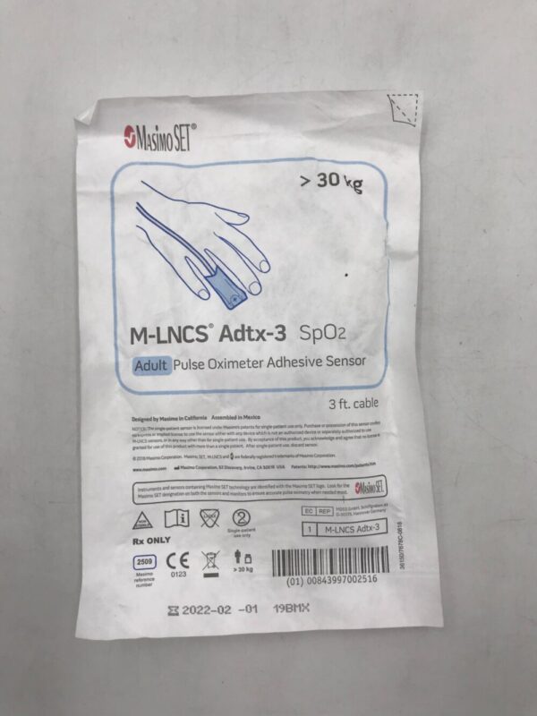 MASIMO 2509 M-LNCS Adtx-3 SpO2 Adult Pulse Oximeter Adhesive Sensor 3ft. Cable >30kg (X)