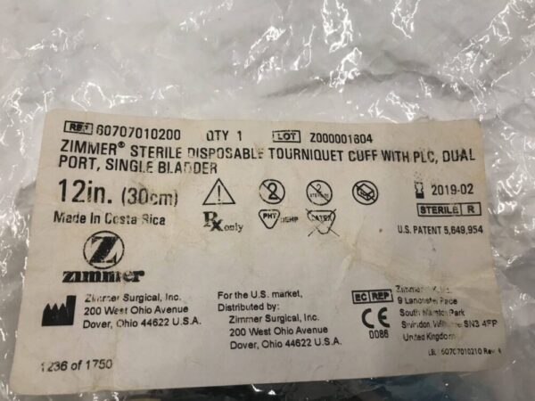 Zimmer 60707010200 Disposable Tourniquet Cuff w/ PLC, Dual Port, Single Bladder 12in (x)