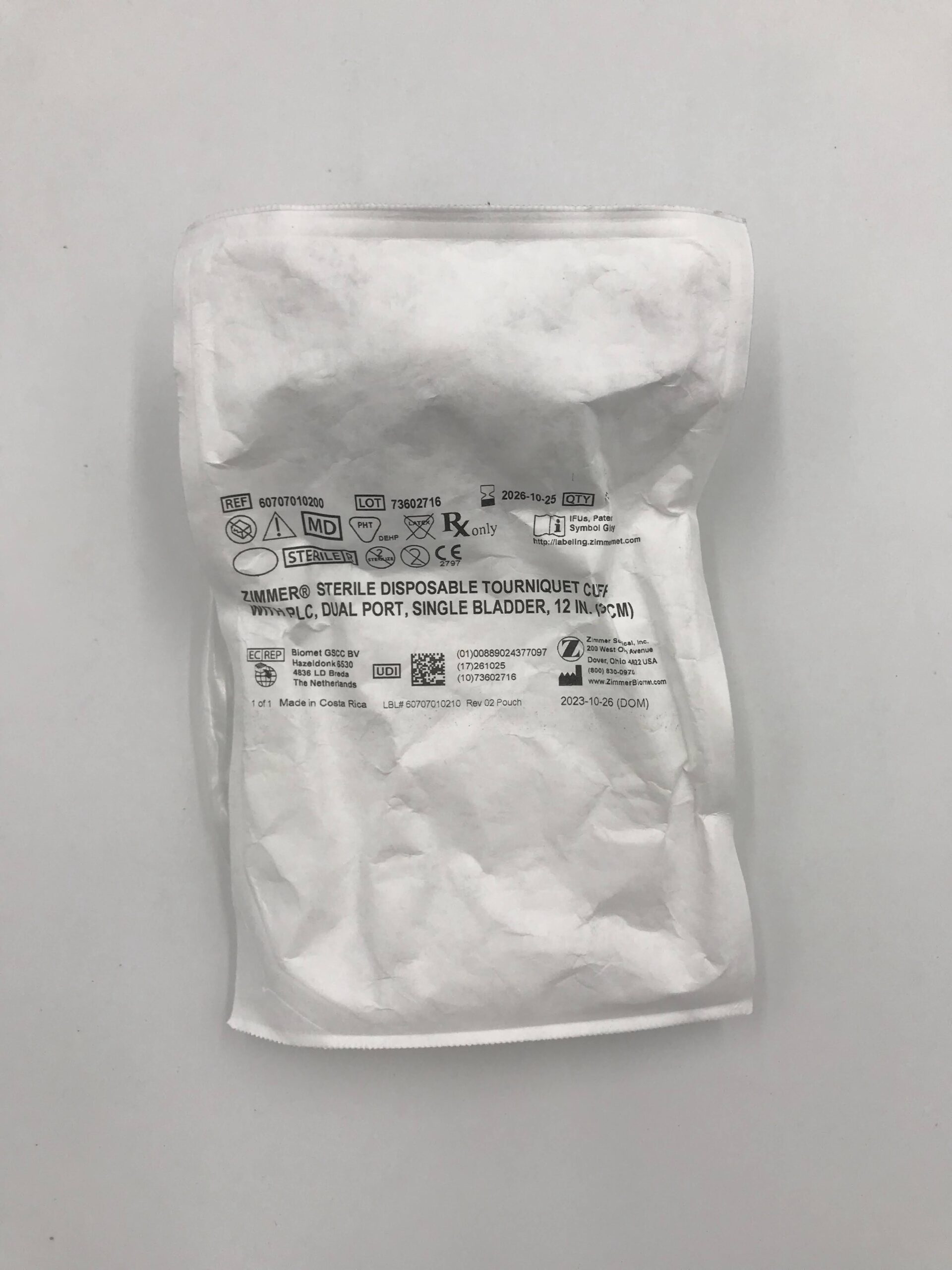 Zimmer 60707010200 Disposable Tourniquet Cuff w/ PLC, Dual Port, Single Bladder 12in (x)