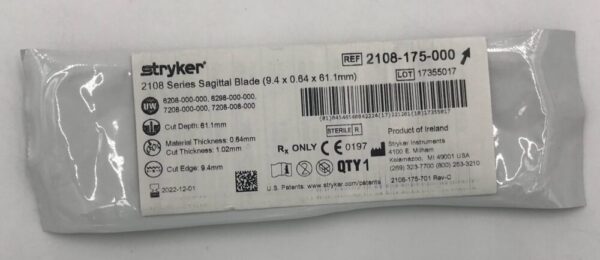 STRYKER 2108-175-000 2108 Series Sagittal Blade, 9.4 x 0.64 x 61.1mm (X)