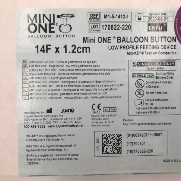 Applied Medical M1-5-1412-I Mini One Balloon Button Low Profile Feeding Device MIC-EYE Feedset Compatible, (Prepared For Enfit) 14F (x)