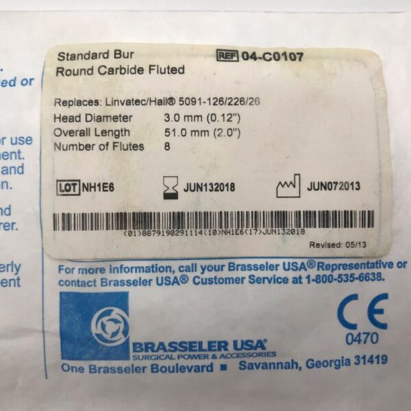 Brassler 04-C0107 Standard Bur Round Carbide Fluted, 51mm (x)