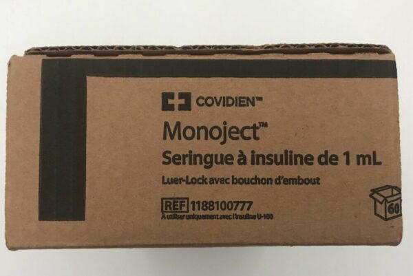 Covidien 1188100777 Monoject 1mL Insulin Syringe, Luer-Lock w/Tip Cap (60/Box)