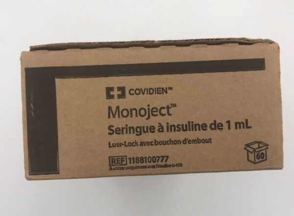 Covidien 1188100777 Monoject 1mL Insulin Syringe, Luer-Lock w/Tip Cap (60/Box) (x)