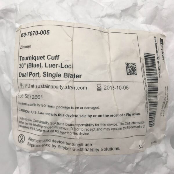 Zimmer 60-7070-005 Tourniquet Cuff 30in (Blue), Luer-Lock Dual Port, Single Bladder (Rep. By Stryker) (x)