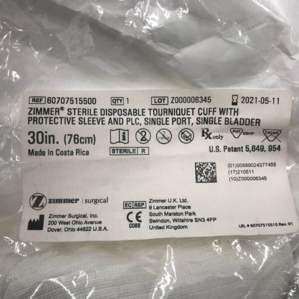 Zimmer 60707515500 Sterile Disposable Tourniquet Cuff w/ Protective Sleeve and PLC, Single Port, Single Bladder 30in (x)