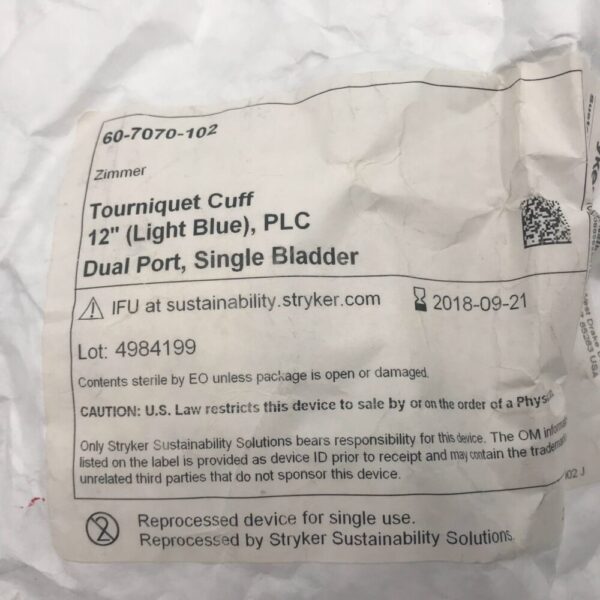 Zimmer 60-7070-102 Tourniquet Cuff 12in (Light Blue) PLC Dual Port, Single Bladder 12" (Reprocessed By Stryker) (x)