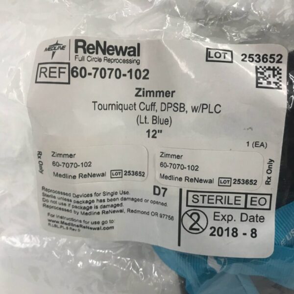 Zimmer 60-7070-102 Tourniquet Cuff, DPSB, w/PLC (Lt. Blue) 12" (Reprocessed by MedLine) (x)