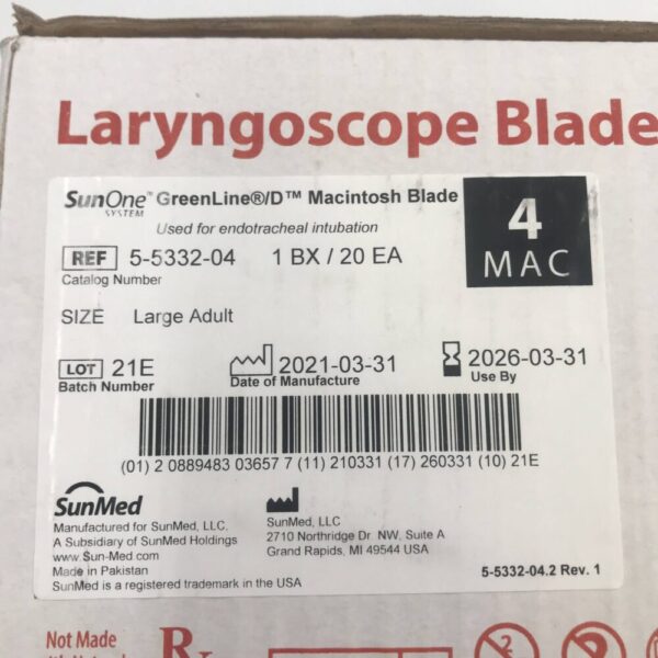SunMed 5-5332-04 GreenLine/D Macintosh Laryngoscope Blade 4 MAC Size Large Adult (Box/20)