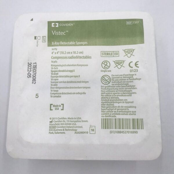 Covidien 7317 Vistec X-Ray Detectable Sponges 16Ply 4" x 4" (10.2cm x 10.2cm) (X)