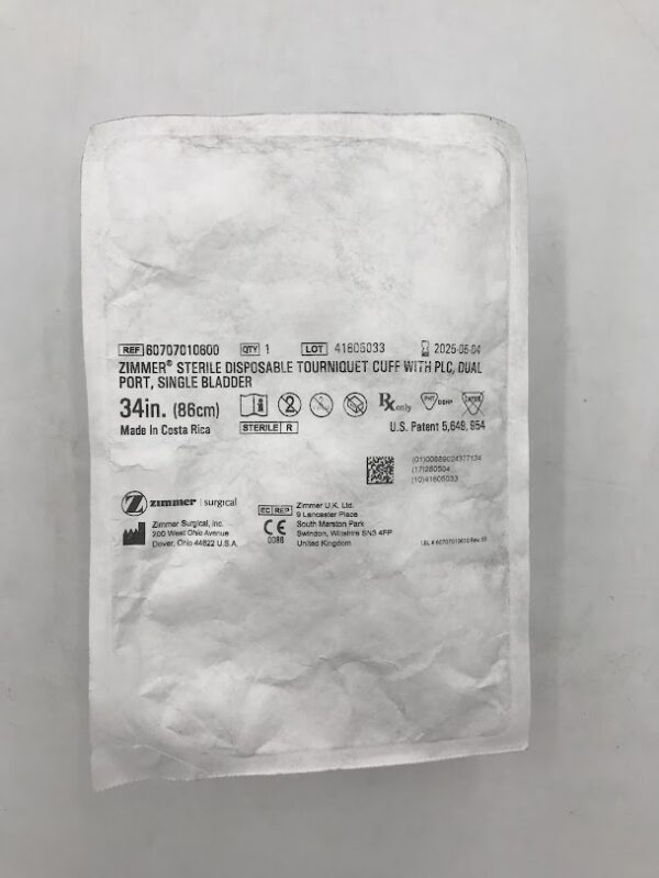 Zimmer 60707010600 Sterile Disposable Tourniquet Cuff w/ PLC, Dual Port, Single Bladder 34in (X)