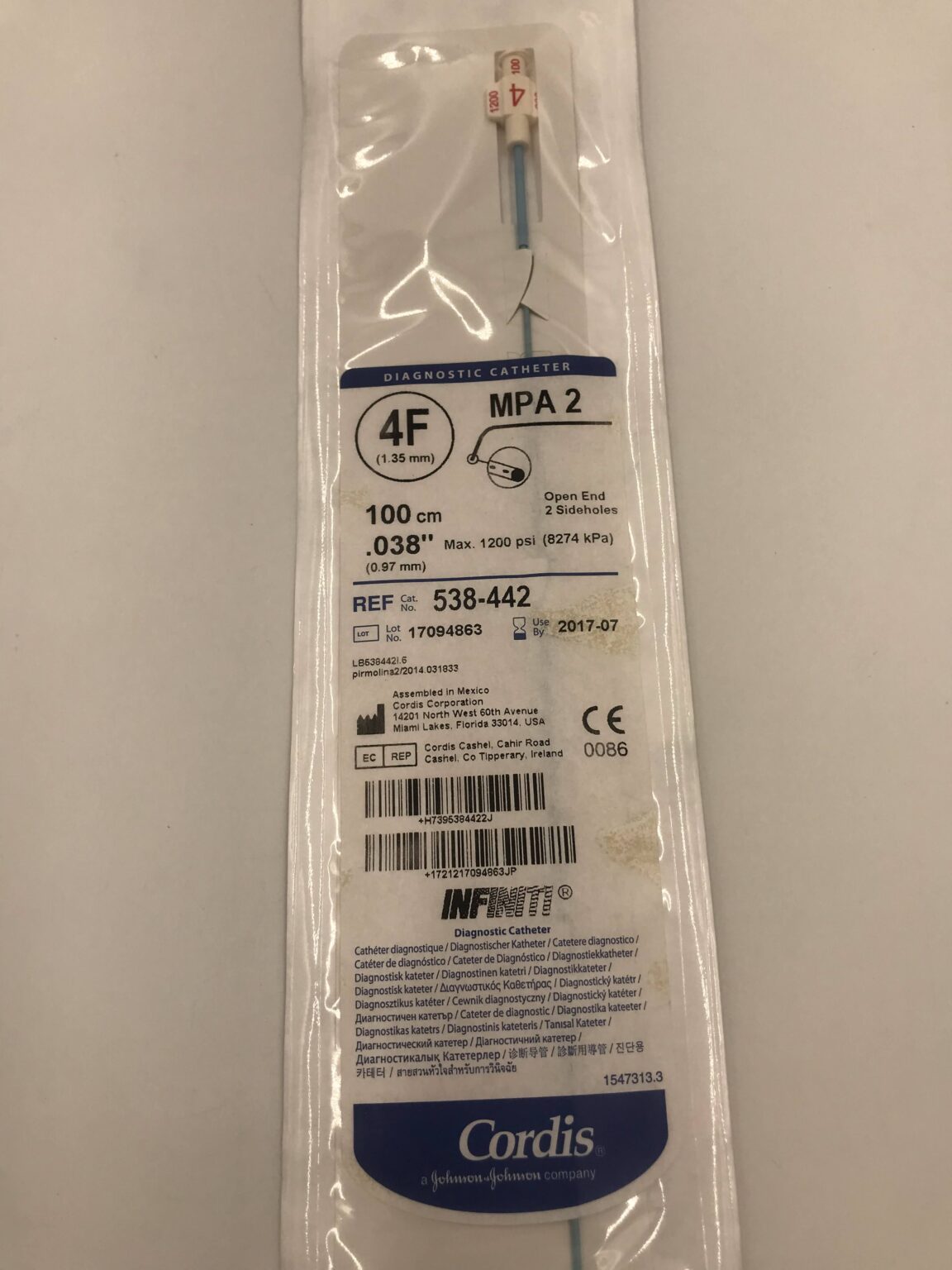 CORDIS 538-442 Infiniti Diagnostic Catheter MPA 2, 4F x 100 cm (x