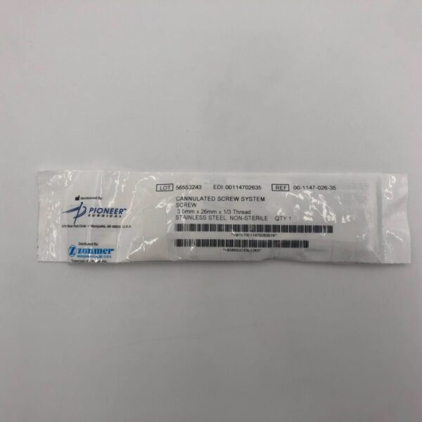 ZIMMER 00-1147-026-35 Pioneer Surgical Cannulated Screw System 3.5mm x 26mm x 1/3 Thread