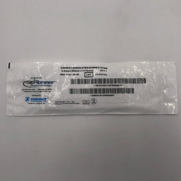 ZIMMER 1147-50-40 Pioneer Surgical Cannulated Screw System 4.0mm x 50mm x 1/3 Thread