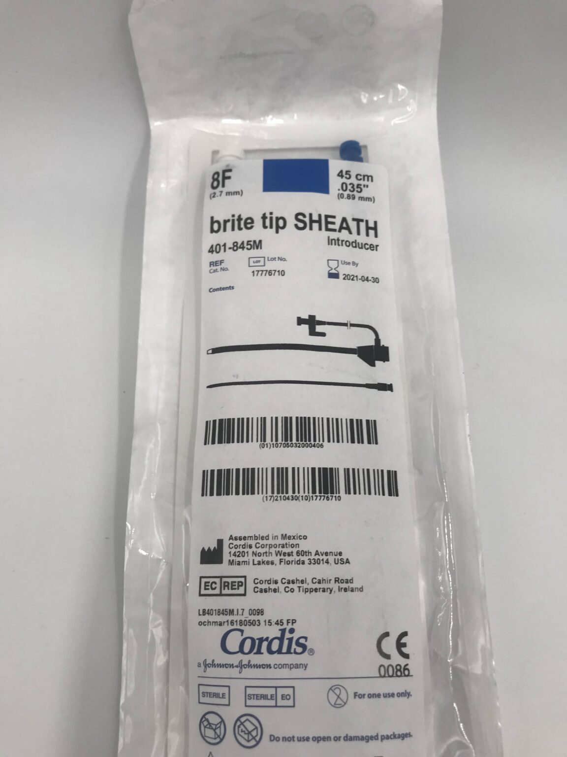 CORDIS 401-845M Brite Tip Sheath Introducer, 45cm, .035