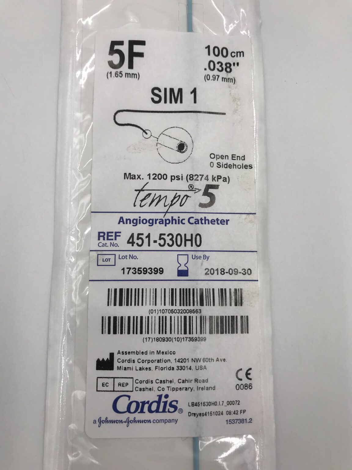 CORDIS 451 530H0 Tempo5 Angiographic Catheter SIM 1 5F 100cm X GB cordis-451-530h0-tempo5-angiographic-catheter-sim-1-5f-100cm-x-gb