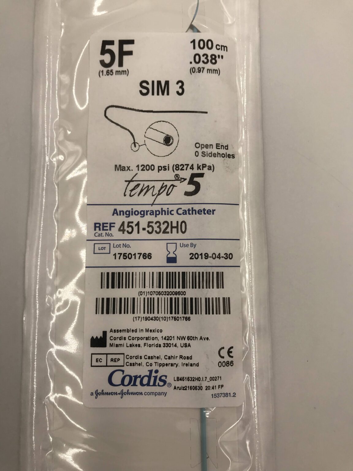 CORDIS 451 532H0 Tempo5 Angiographic Catheter SIM 3 5F 100cm X GB cordis-451-532h0-tempo5-angiographic-catheter-sim-3-5f-100cm-x-gb