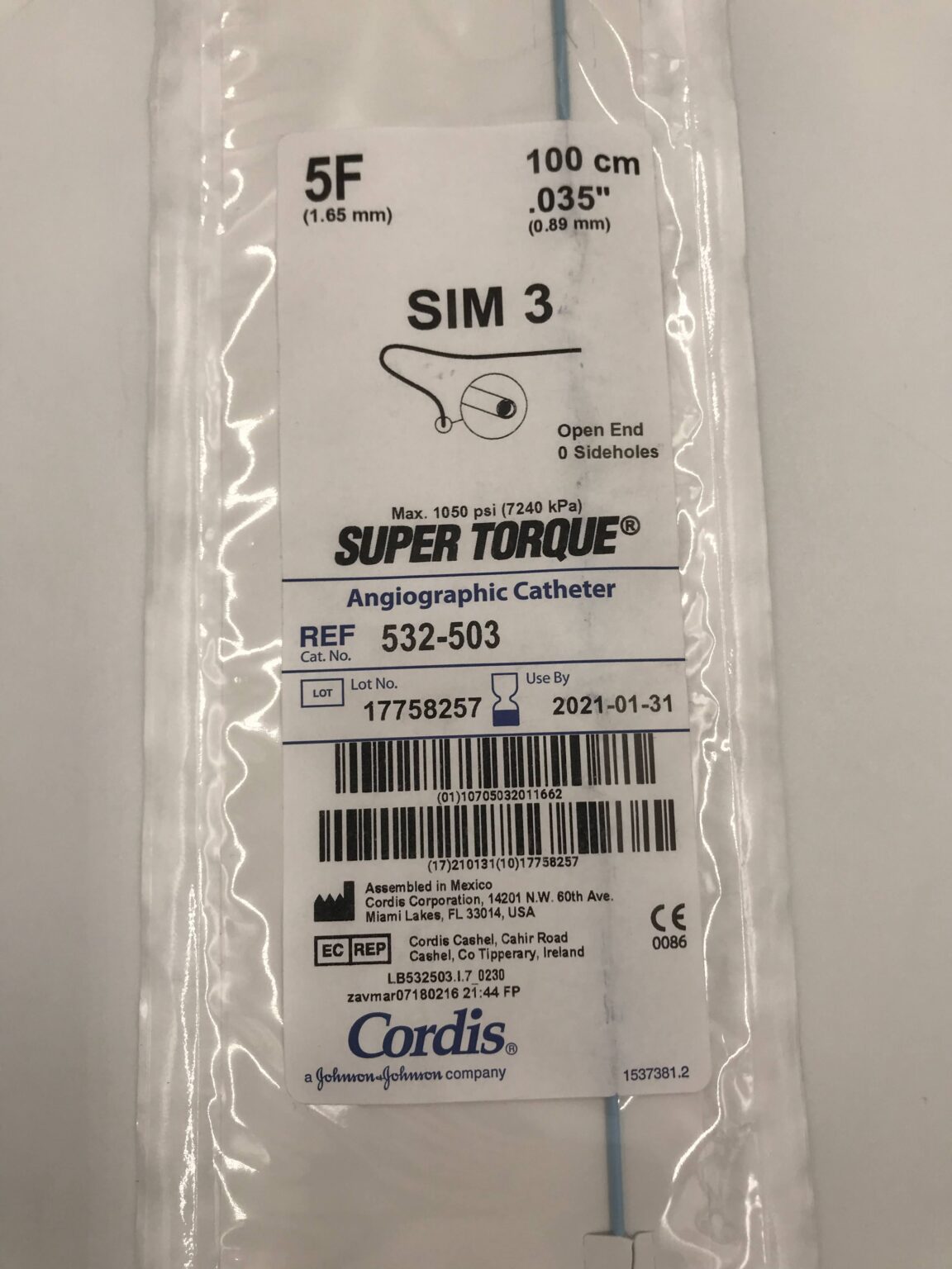 CORDIS 532-503 Super Torque Angiographic Catheter SIM 3 5F 100cm