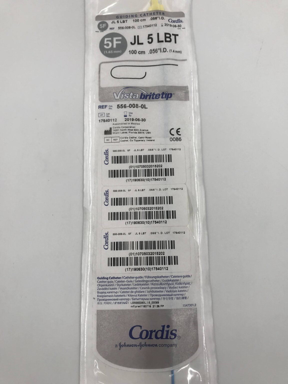CORDIS 556-008-0L Vista Brite Tip Guiding Catheter JL 5 LBT 5F (X