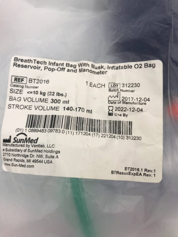 Ventlab BT2016 SunMed Breath Tech Infant Bag with Mask, Inflatable  O2 Bag Reservoir, Pop-Off and Manometer (X)