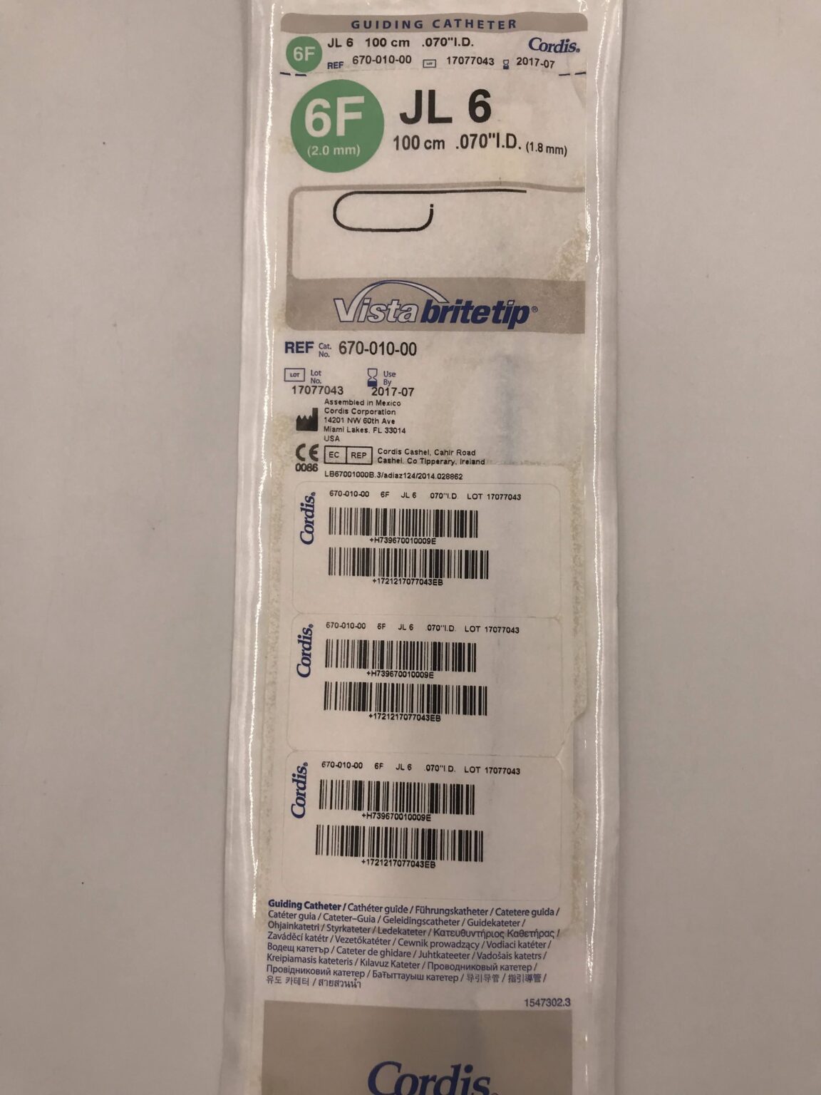 CORDIS 670-010-00 Vista Brite Tip Guiding Catheter JL6 6F (X) - GB