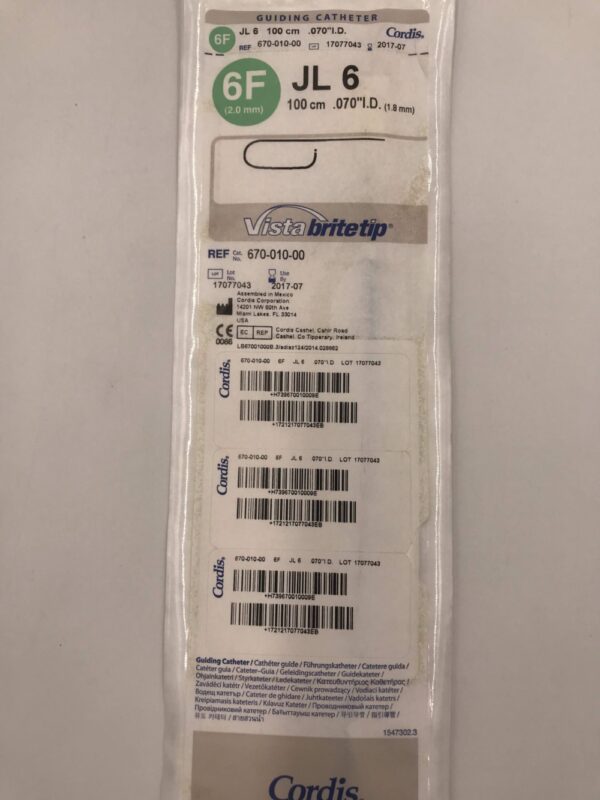 CORDIS 670-010-00 Vista Brite Tip Guiding Catheter JL6 6F (X)